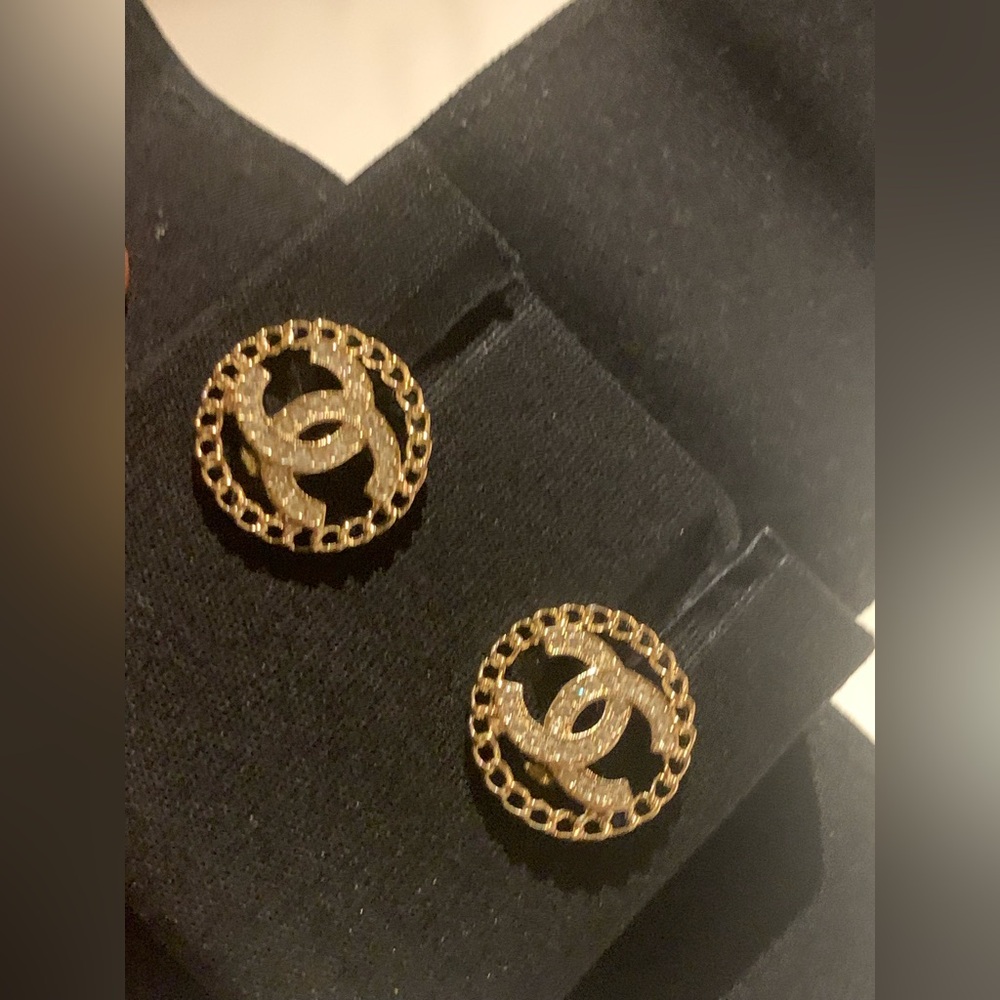 CHANEL authentic brand new Gold and Silver Logo Earrings with crystals , box